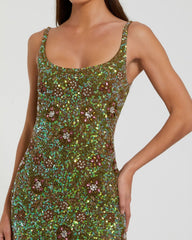 Green Sleeveless Hand Embellished Floral Maxi Dress