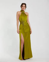 Dark Green Sleeveless Open Back Satin Gown