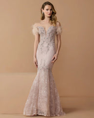 Pink Off The Shoulder Embellished Lace Feather Trim Gown