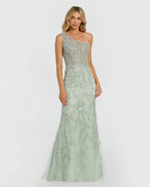 Green One Shoulder Hand Embellished Evening Gown