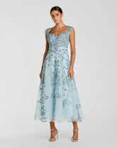 Blue Floral Embroidered Sweetheart Neckline Midi Dress