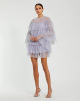 Purple Embellished High Neck Ruffle Mini Dress