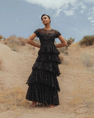 Black Embellished High Neck Gown With Tiered Ruffle Skirt