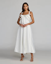 White Satin Sleeveless A Line Midi Dress With Bow