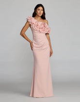 Pink One Shoulder Crepe Gown With 3D Flowers