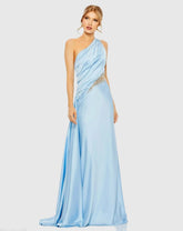 Blue One Shoulder Charmeuse Gown With Beaded Cutout