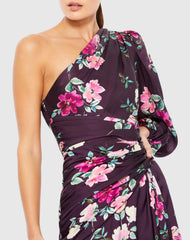 Purple One Sleeve Floral Print Charmeuse Gown With Slit