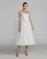 White Embellished Tulle Midi Dress with Satin Bow