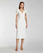 White Sleeveless Crepe Midi Dress with Bow Straps