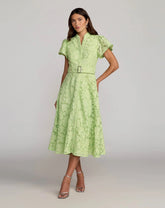 Green Embroidered Lace Belted Midi Dress