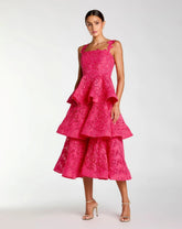 Pink Sleeveless Embroidered Lace Ruffle Midi Dress