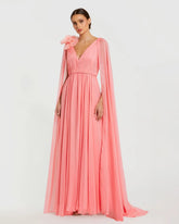 Pink Chiffon V-Neck Gown With Cape Sleeves