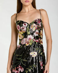 Black Sleeveless Bustier Floral Applique Gown