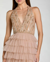 Beige Embellished Halter Neck Tiered Ruffle Gown