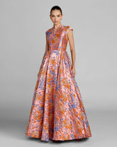 Pink Brocade Cap Sleeve Ball Gown