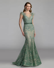 Green Embellished Lace High Neck Gown With Feather Sleeves