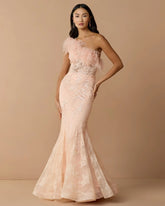 Pink One Shoulder Feather Embellished Mermaid Gown