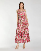 Pink Ruffle Scoop Neck Floral A-Line Dress