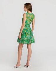 Green Multicolor Micro Ruffle Floral A-Line Mini Dress