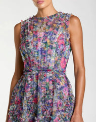 Purple Multicolor Micro Ruffle Floral A-Line Mini Dress