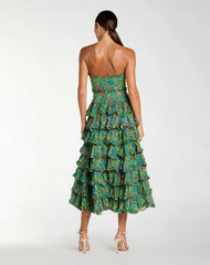 Green Strapless Floral Cotton Ruffle Midi Dress
