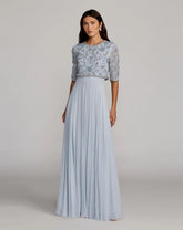 Blue High Neck Embellished Top With Chiffon Skirt Gown