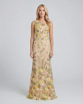Petite Beige One Shoulder Lace Embroidered Gown