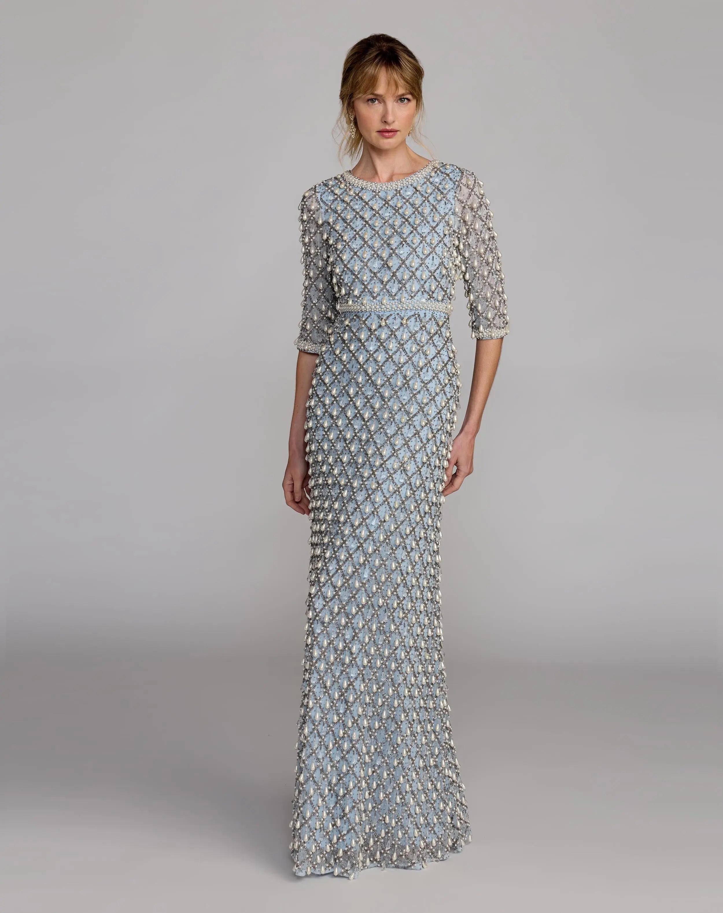 Blue Pearl Embellished 3/4 Sleeve Gown