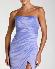 Purple Strapless Satin Gown With Slit