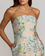 Multicolor Strapless Brocade Midi Dress With Pockets