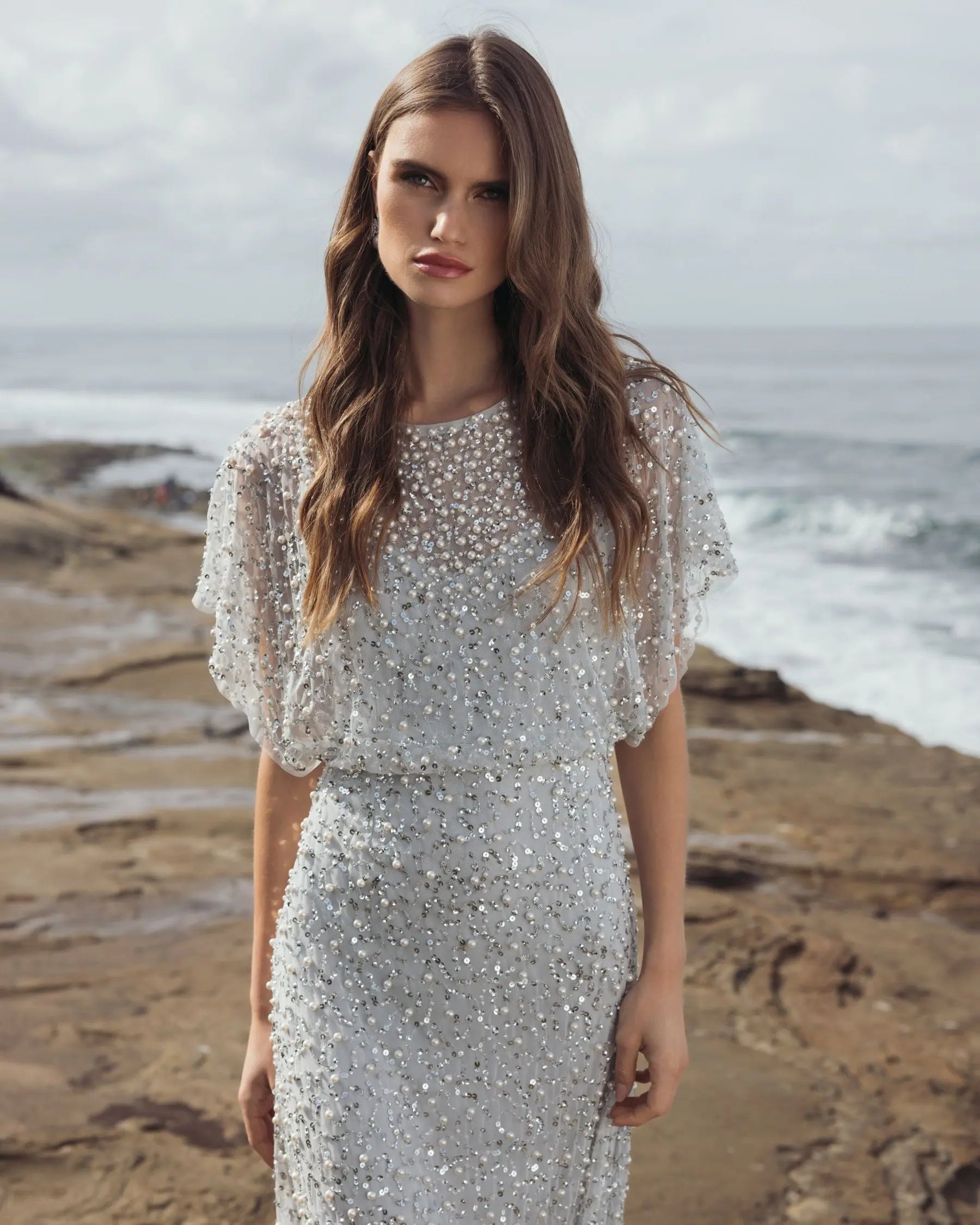 Blue High Neck Short Sleeve Embellished Gown