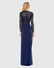 Navy Embellished High Neck Bodice Faux Wrap Gown - FINAL SALE