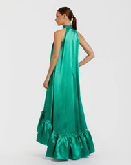 Green Sleeveless Halter Neck Keyhole Satin High Low Gown