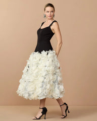 Black Sleeveless A-Line Midi Dress With 3D Floral Skirt