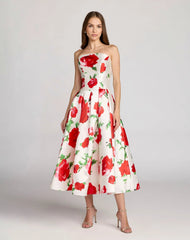 White Strapless Floral Printed A Line Midi Dress