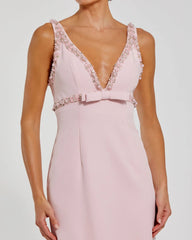 Pink Crepe Fitted Midi Dress With Bow And Beaded Trim