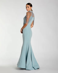 Blue Crepe Mermaid Gown With Crystal Draping