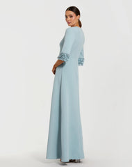 Blue A-Line Crepe Gown With Embellished 3/4 Sleeves