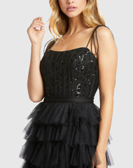 Black Sequined Bustier Tiered Ruffle Gown - FINAL SALE