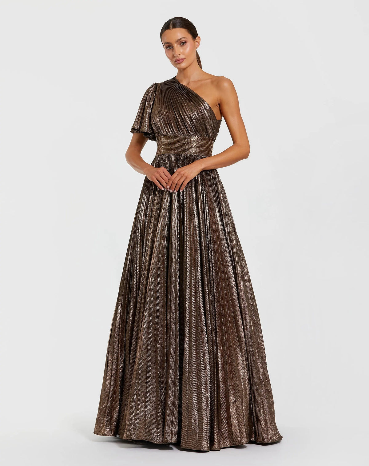 Brown One Shoulder Pleated Metallic Ball Gown