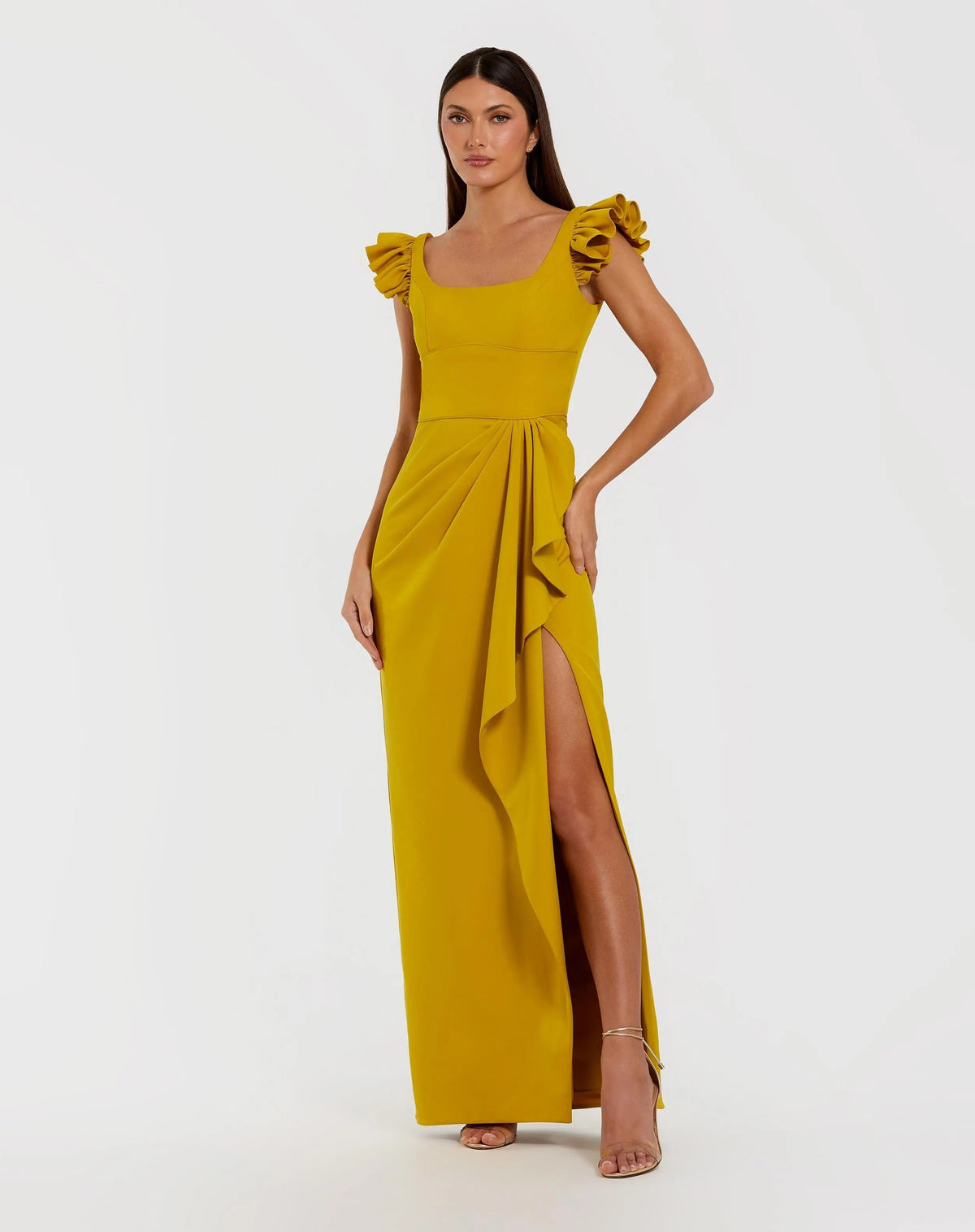 Yellow Square Neck Column Gown With Ruffle Detail
