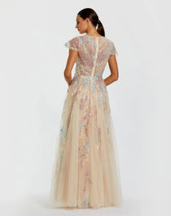 Beige Embroidered Tulle V-Neck Gown
