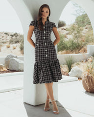 Black Cap Sleeve Boucle A Line Midi Dress