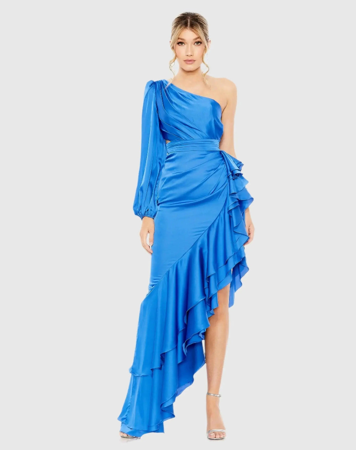 Blue One Sleeve Cut Out Asymmetrical Ruffled Gown - FINAL SALE