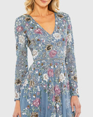 Blue Hand Embellished Floral V-Neck Long Sleeve Dress