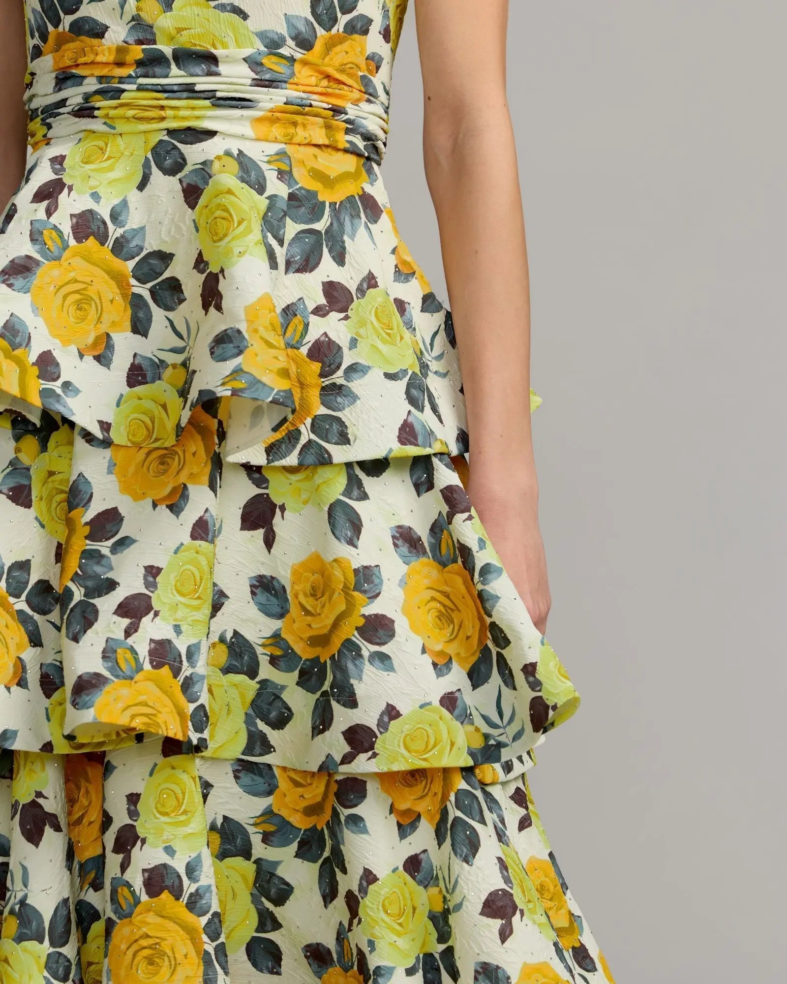 Yellow One Shoulder Floral Tiered Midi Dress