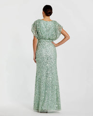 Green Sequin Draped Sleeve V-Neck Gown