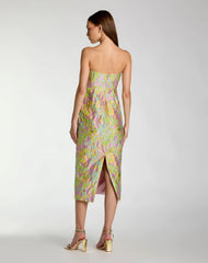 Multicolor Strapless Floral Brocade Midi Dress