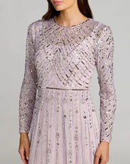 Purple Hand Embellished Long Sleeve A-Line Gown