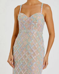 Beige Multicolor Pearl Embellished Bustier Column Gown